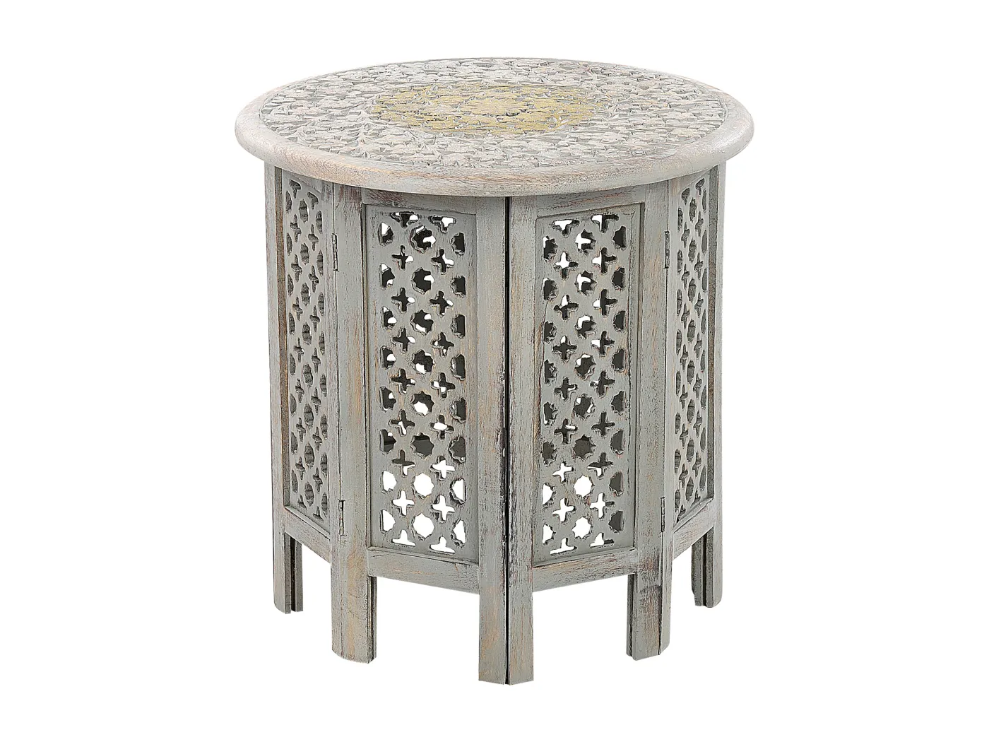 Beistelltisch aus Mangoholz grau ⌀ 45 cm rund Vintage rustikal Verzierung Jagori