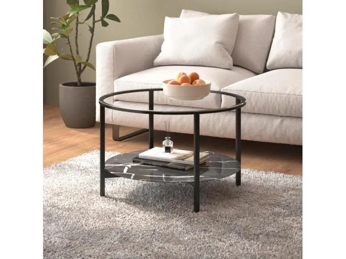 Beistelltisch Schwarz und Schwarze Marmor-Optik 70 cm Hartglas