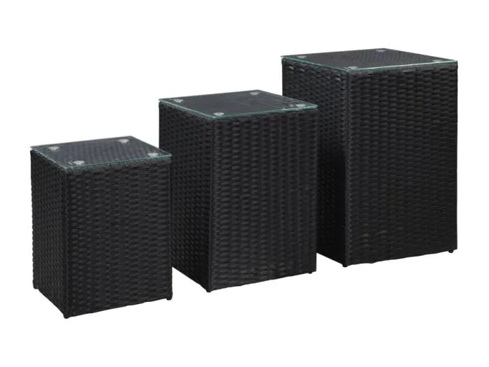 Beistelltische 3 Stk. mit Glasplatte Schwarz Poly Rattan