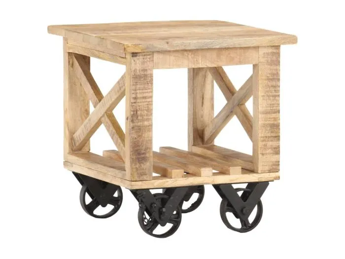 Beistelltisch mit Rädern 40x40x42 cm Raues Mangoholz