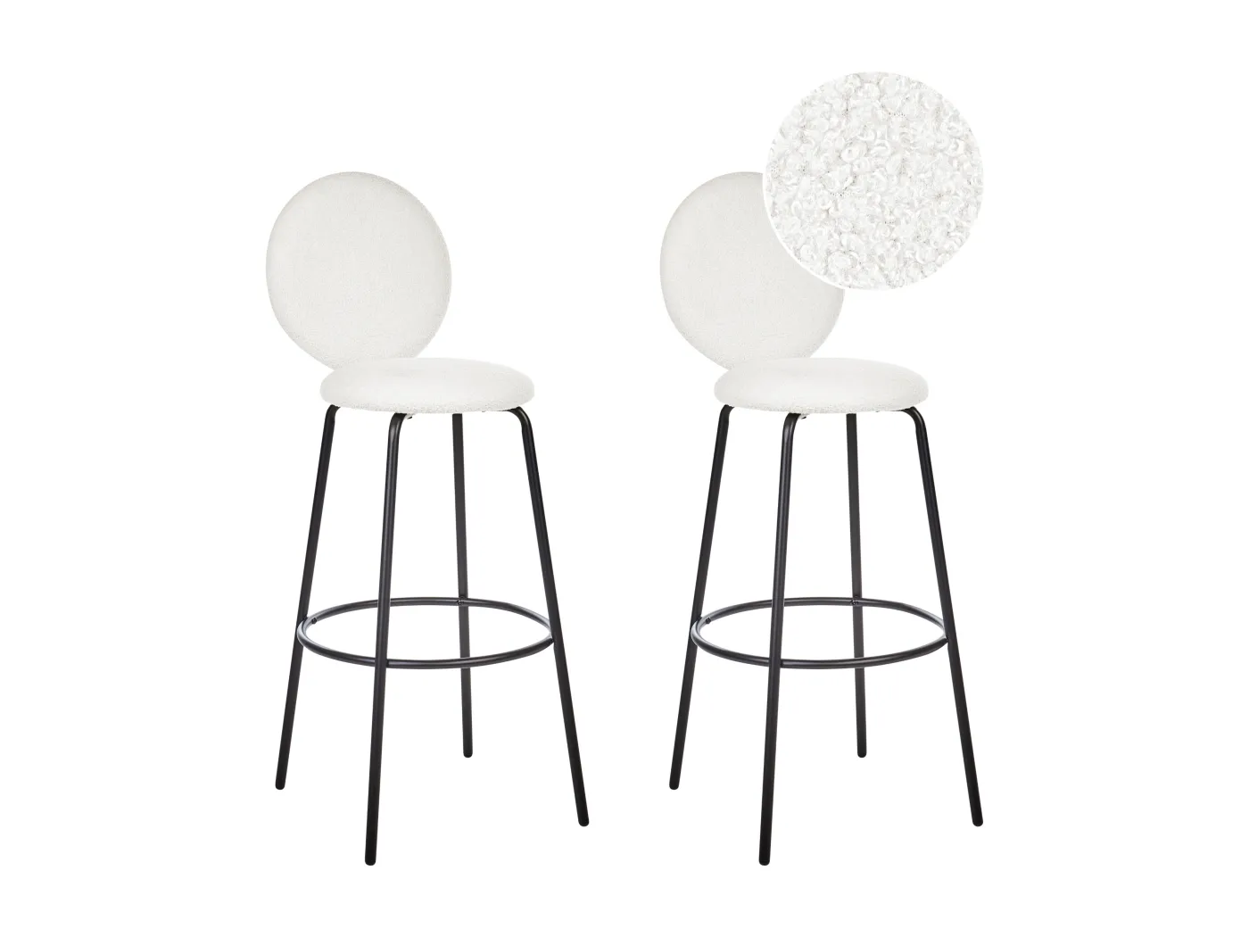Barstuhl 2er Set Bouclé / Metall Weiß mit runder Lehne Fußstützen modern Emery