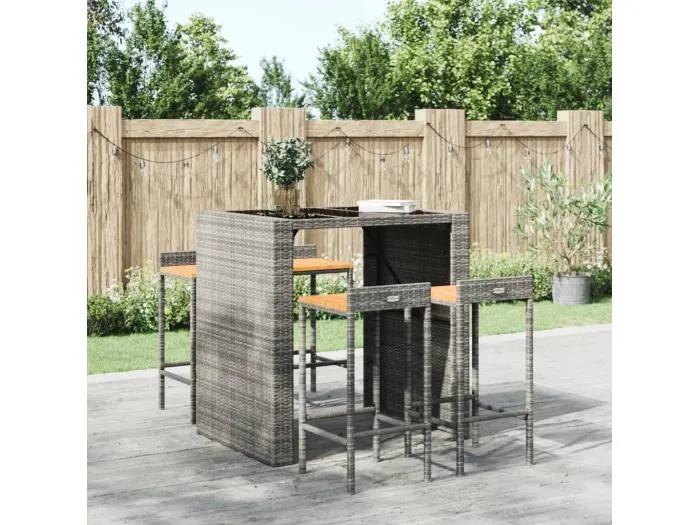 Barhocker 4 Stk. Grau Poly Rattan und Massivholz Akazie