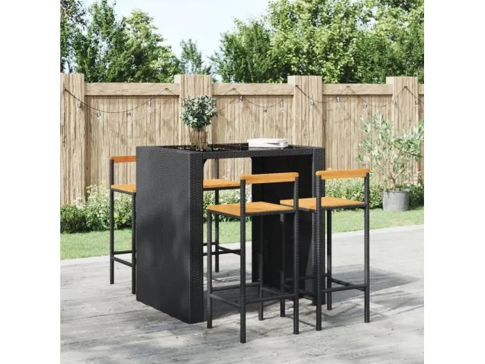 Barhocker 4 Stk. Schwarz Poly Rattan und Massivholz Akazie
