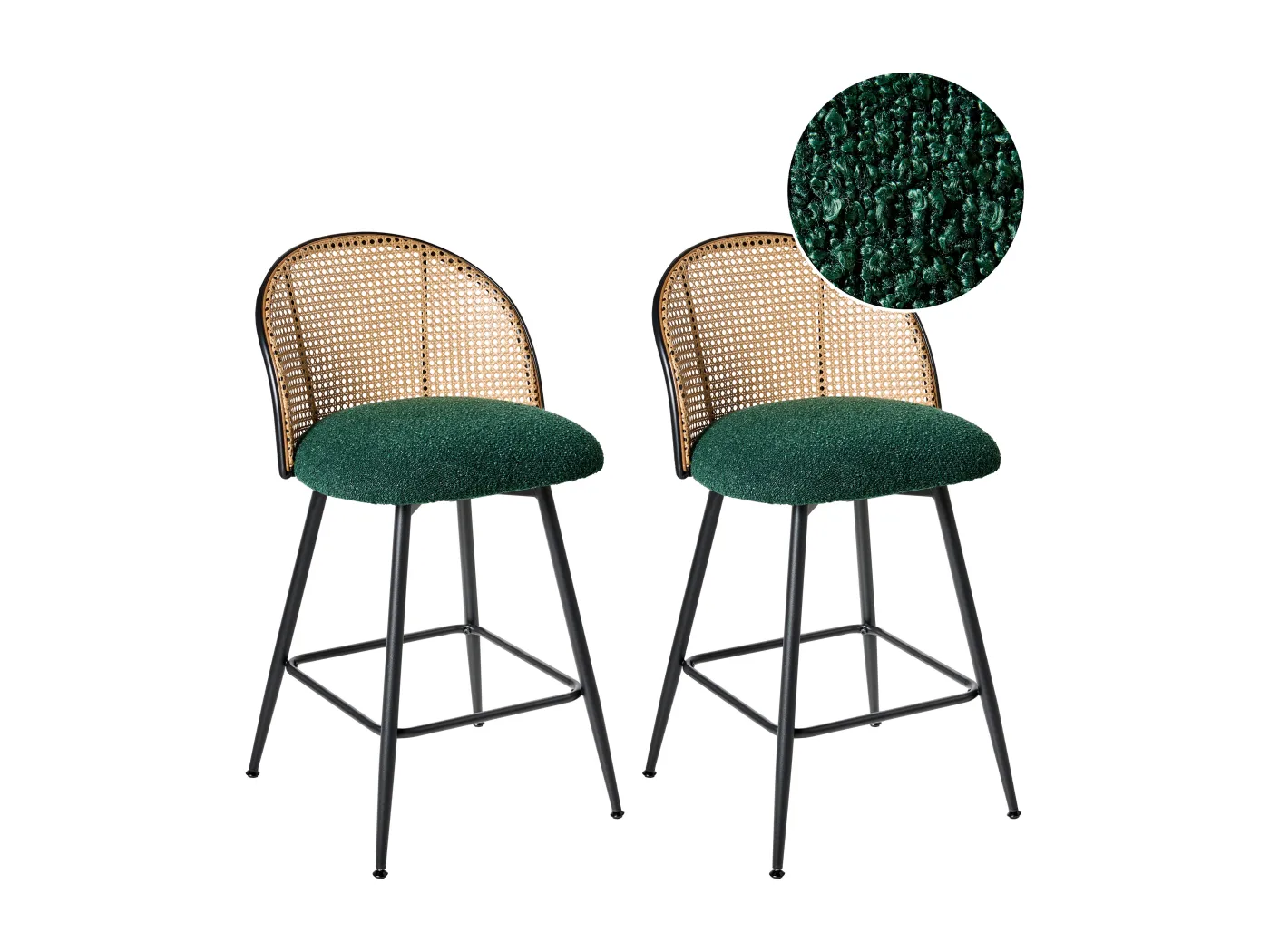 Barstühle 2er Set Bouclé Metallbeine Wiener Geflecht Retro dunkel grün Nathan