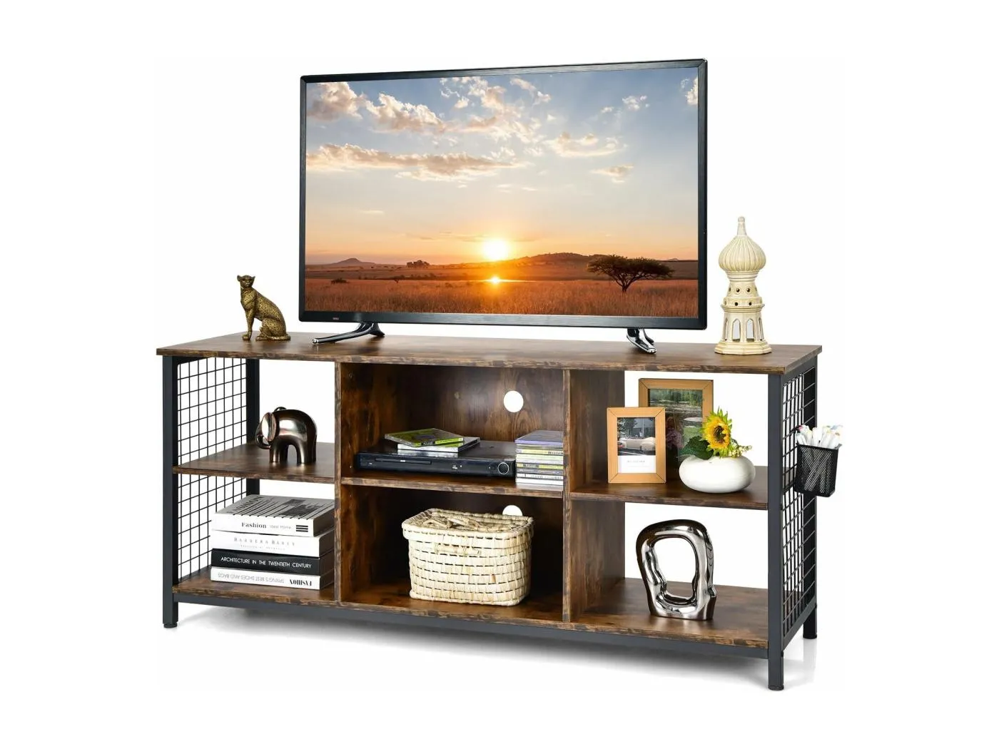 TV-Schrank, Lowboard mit offenen Fächern & Aufbewahrungskorb, TV-Regal für Fernseher bis 65 Zoll, Fernsehtisch, Fernsehschrank für Wohnzimmer, Schlafzimmer, Industrie-Design, 140 x 40 x 63 cm