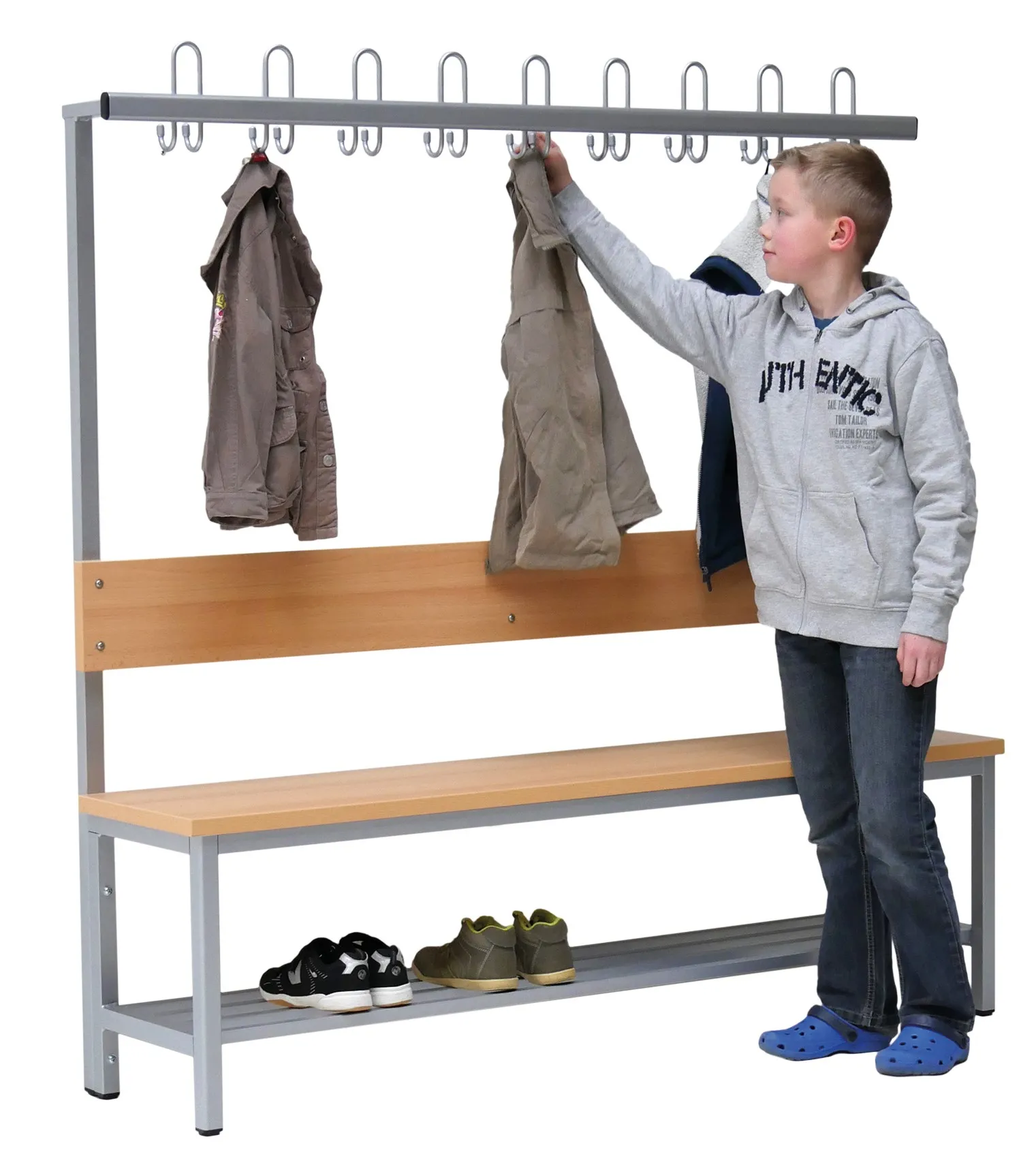 Komplett-Garderobe einseitig mit Garderobenhaken und Schuhrost, durchgehende Sitzfläche